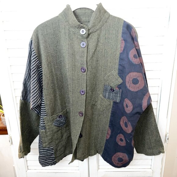 Mona Lisa Mixed Textile Art-To-Wear Boxy Lagenlook Cotton Tunic Jacket M/ L - Picture 1 of 6